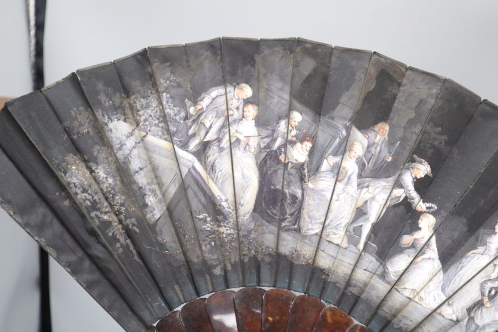 A Duvelleroy Paris tortoiseshell and painted silk fan, two feather fans and a morocco leather sewing box